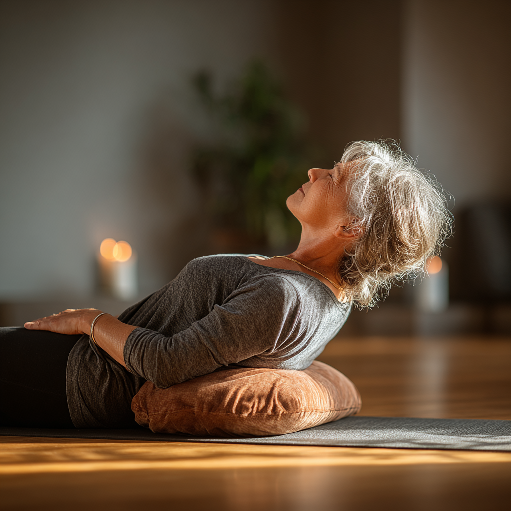 Людина середнього віку медитує в саду серед квітів